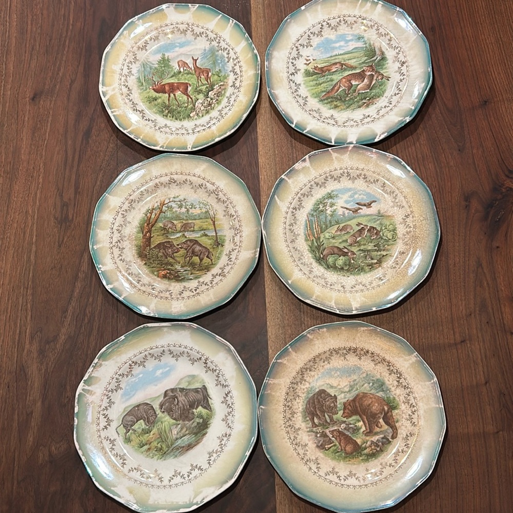 6 Vintage Sterling China Game Animal Buffalo Bear Rabbit Fox Deer Boar Plates